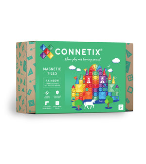 Connetix Magnetbausteine „Rainbow Creative Pack“ – 102-teiliges Set mit transparenten Magnetplatten in Regenbogenfarben, ideal für kreatives Bauen und Lernen.