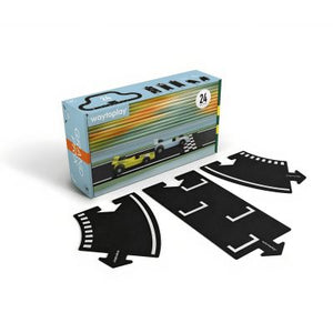 Waytoplay King of the Road Set mit 40 flexiblen Straßenteilen und zwei bunten Holzautos – großes Spielstraßen-Set für Kinder.