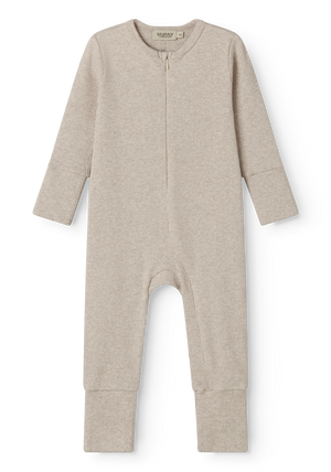 Baby-Jumpsuit von MarMar Copenhagen, Rompy Zip Jumpsuit Light Beige Melange, weich & dehnbar, aus Modal und Bio-Baumwolle, praktischer Reißverschluss
