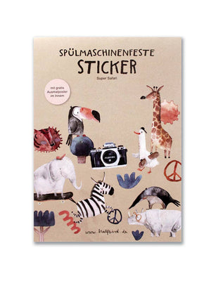Halfbird Super Safari Stickerbogen mit 6 spülmaschinenfesten Vinyl-Stickern für Trinkflaschen, Brotdosen und Tassen.
