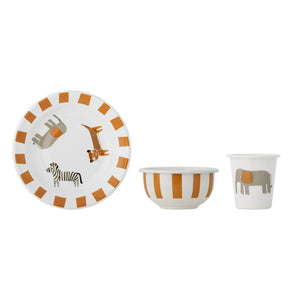 Bloomingville MINI Emaille-Geschirrset Jesse mit Tasse, Schüssel und Teller im Tier- und Streifendesign
