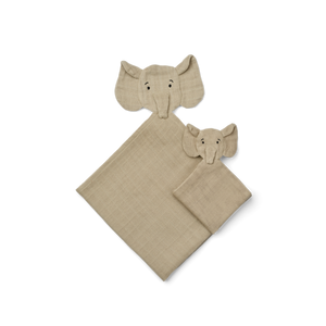 Liewood Kuscheltuch Set Alya Elephant Mist – Mit einer kleineren und grösseren Version, in charakteristischen Tierformen und einer Schlaufe für den Schnuller.
