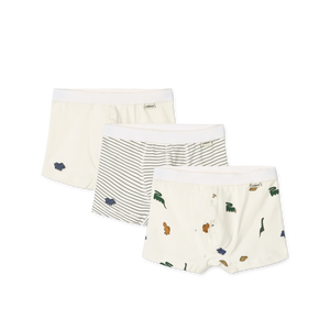 „3er-Pack Liewood Kinder-Boxershorts ‚Marvin‘ mit Mini-Dinosaurier-Muster in Cremefarben auf weißem Hintergrund – nachhaltige Bio-Baumwolle“