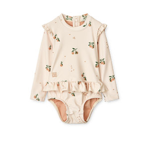 Liewood Baby Badeanzug Sille Peach / Sea Shell – langärmliger UV-Badeanzug aus recyceltem Material mit Reißverschluss.