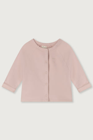 Gray Label Baby Raglan Cardigan in Faded Pink aus Bio-Baumwollfleece. Weich, bequem & nachhaltig mit Raglanärmeln und Druckknöpfen.