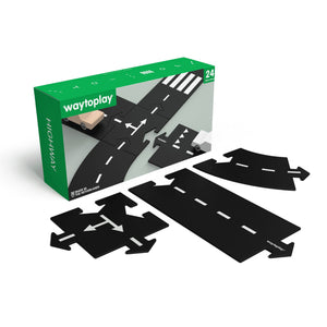 Waytoplay Autobahn Set mit 24 flexiblen Straßenteilen – aufgebaut als kreative Spielstraße auf dem Boden mit Spielzeugautos