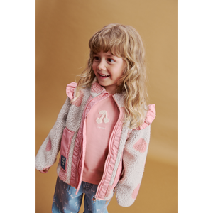 Liewood Noam Fleecejacke mit Rüschen Spot dot Sandy / Rose blush mix – getragen