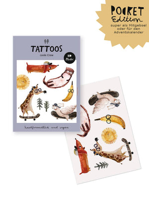 Halfbird Tattoos Coole Crew Pocket Edition mit lustigen Tiermotiven als vegane Kindertattoos.