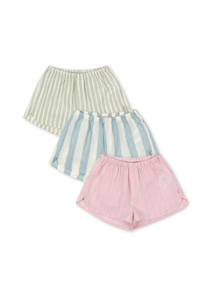 Konges Sløjd Asli Shorts 3er-Pack aus Bio-Baumwoll-Popeline in Basil, Orchid und Bleu Stripe