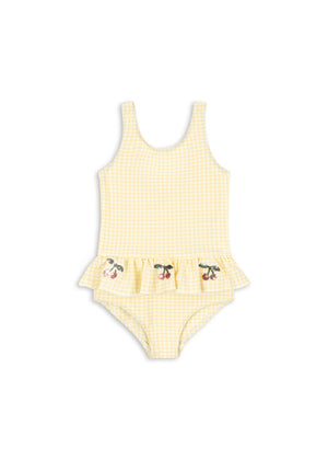 Konges Sløjd Etta Swimsuit Banana Almond Check, Kinder-Badeanzug mit Rüschen und Kirsch-Pailletten