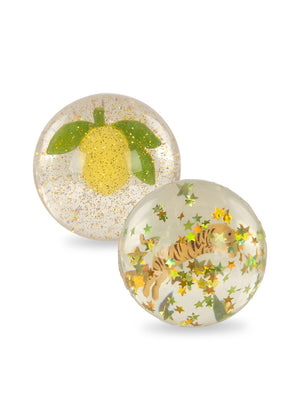 Kinder-Hüpfbälle von Konges Sløjd, 2er-Set Lemon/Tiger, gefüllt mit 3D-Figuren und Glitzer, robustes Spielzeug für drinnen & draußen